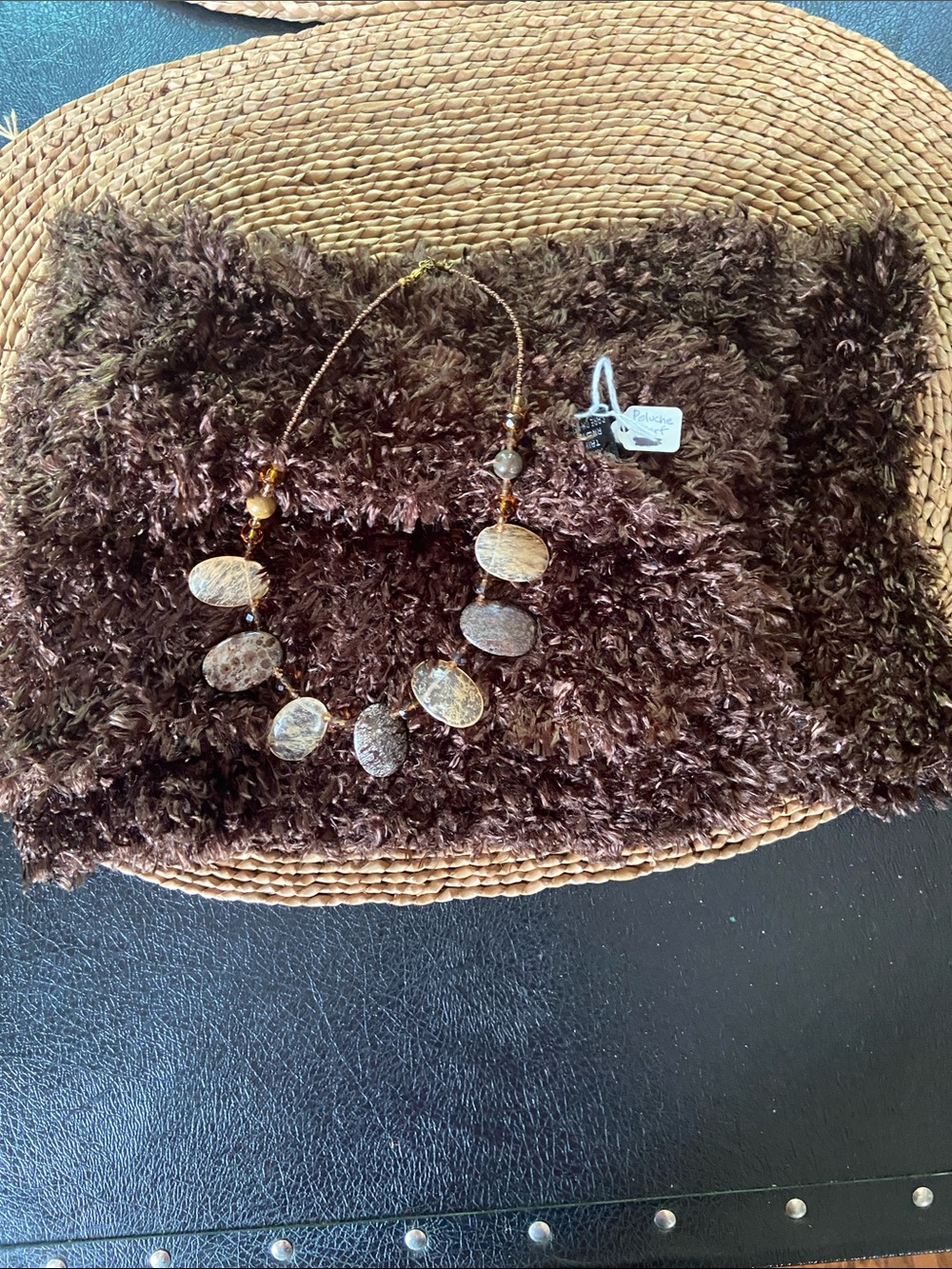 Natural Stone Bead Necklace & Brown Peluche Scarf